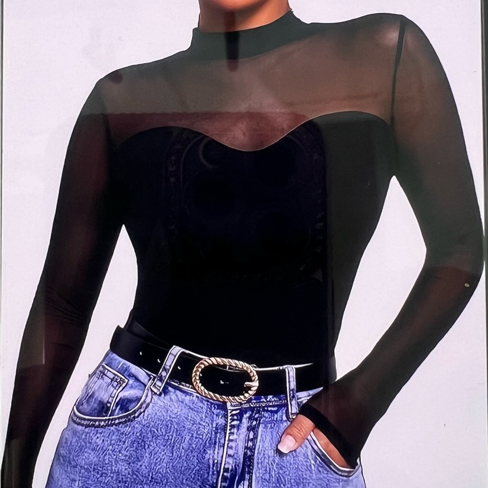 Black Mesh Long-Sleeve Bodysuit - Slim Fit
